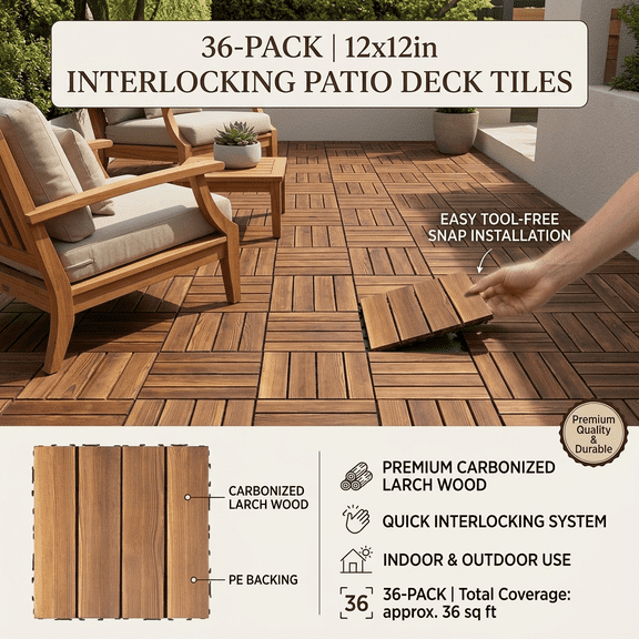 36 Pack Deck Tiles Patio Deck Tiles 12x12in Larch Solid Wood PE Backing Carbonized for Indoor Outdoor