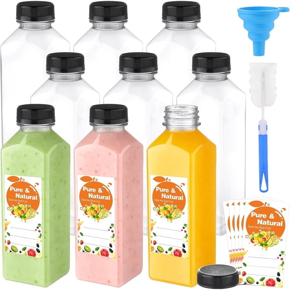 36 Pack 16oz Plastic Juice Bottles with Caps, Empty Bottles for Juicing Bevergae, Plus Labels & Funnel & Brush, Clear Juice Containers with for Smoothies Ginger