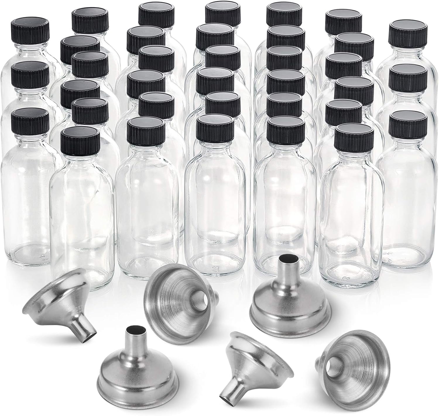 Gleam A36 Pack,2 oz Small Clear Glass Bottles w/ Lid & 6 Stainless Steel Funnel -60ml Boston Sample Bottles-Mini Travel Essential or Decorative Bottles for Potion,Juice,Wellness,Ginger Shots,Whiskey