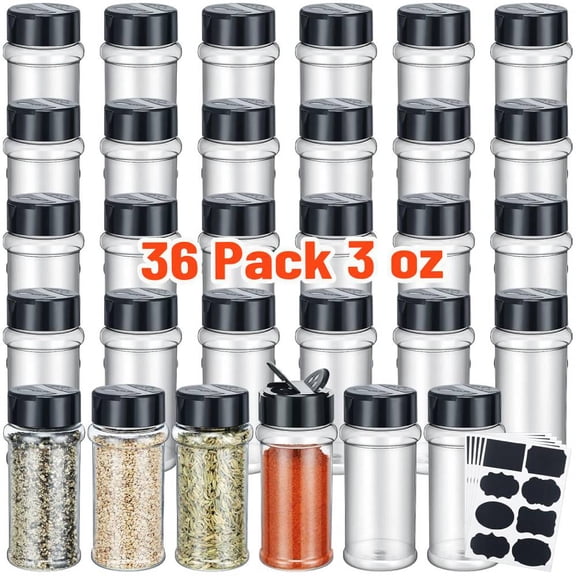 36 Pack 3 Oz Plastic Spice Jars Bottles Empty Seasoning Bottles Containers Small Clear Spice Shaker and Stickers with Black Cap for Storing Spices, Salt, Herbs