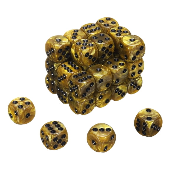 36 Pack 6 Sided Colored Standard Dice, Acrylic D6 Mini Polyhedral Pearl Pattern Game Dice Set for Table Games or Math Learning, Gold/Black Point