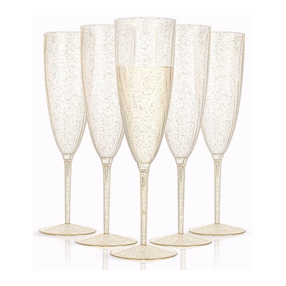 36 Pack 6oz Gold Glitter Stemless Plastic Champagne Flutes Shatterproof, BPA-Free, Reusable Mimosa & Toasting Glasses for Wedding, NYE, Bridal Shower