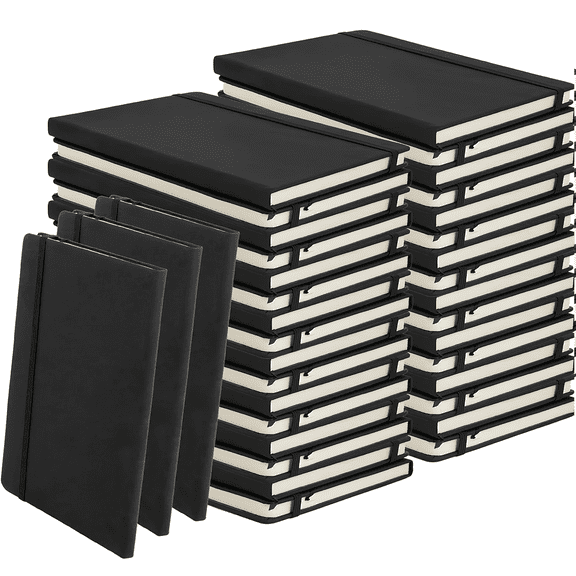 36-Pack A5 Black Leather Journals, 160 Pages 80GSM Wide Ruled Notebooks with Pen Loop & Waterproof Cover for School, Office & Business Notes, Premium PU Solid Black