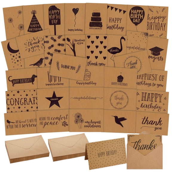 Best Paper Greetings Blank Cards & Envelopes Assortment - 36-Pack, 4 x 6 In Kraft Paper - Card Assortment Pack for All Occasions & Mixed Designs
