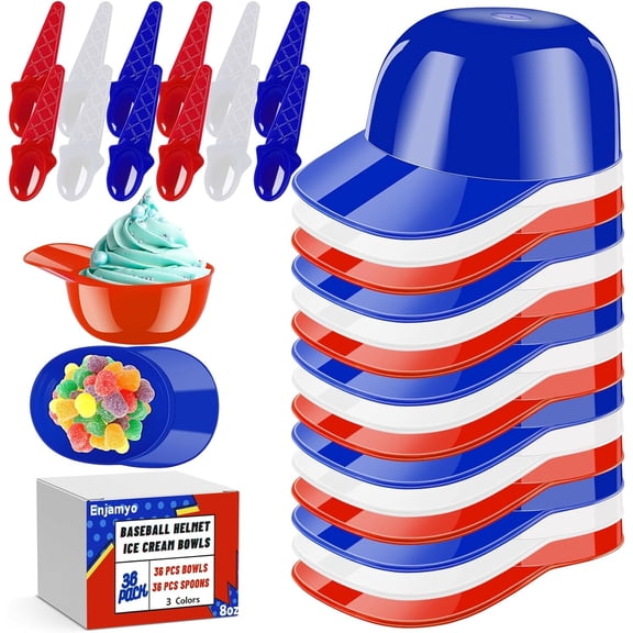 36 Pack Baseball Helmet Ice Cream Bowls with Spoons,8 oz Mini Baseball Cap Bowls,Plastic Baseball Helmet Snack Dessert Bowl,Reusable Serving Baseball Cup Bowls for Birthday Party Supplies