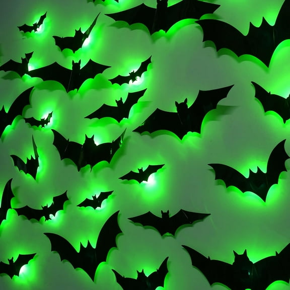 36 Pack Bats Decorations- Light Up Bat Wall Stickers with Green LED, 3D Removable Window Decals for Indoor/Outdoor, Bathroom, Door, Home, Bedroom Party