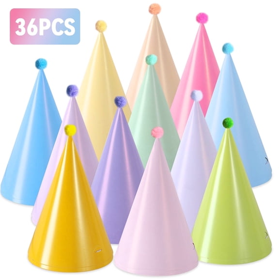 Sytle-Carry 36 pack Party Hats, Colorful Cone Paper Hats, Baby Shower Bridal Wedding Birthday Party Supplies & Decorations Kit