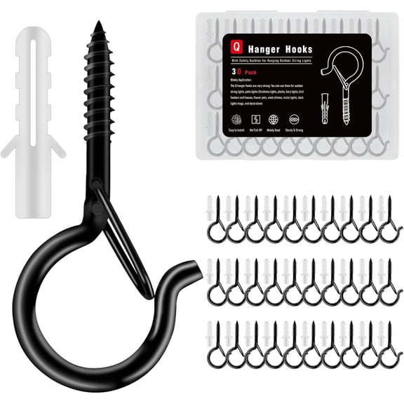 36 Pack Black Screw Hooks with Safety Buckle - 2.3 Inch Rustproof Eye Ceiling Hooks for Hanging Plants,Outdoor String Lights,Baskets,Christmas Lights & Decor,40lb Capacity (36, Black)