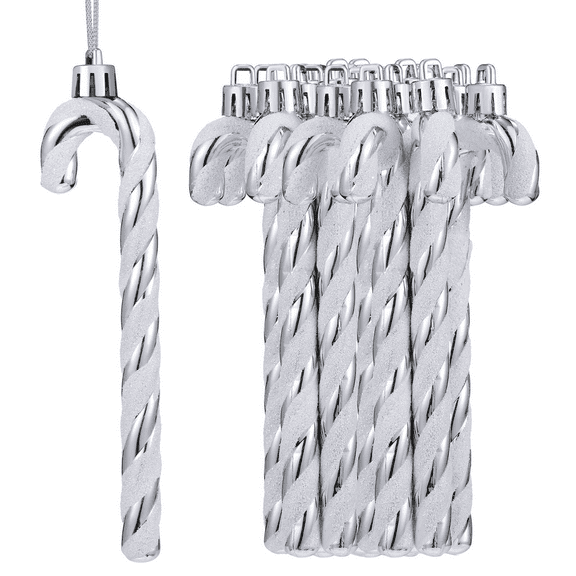 36 Pack Christmas Candy Canes Glitter Candy Cane Sparking Plastic Candy Cane Christmas Tree Hanging Decorations Ornaments for Holiday Party Decoration Favors (Silver and White)