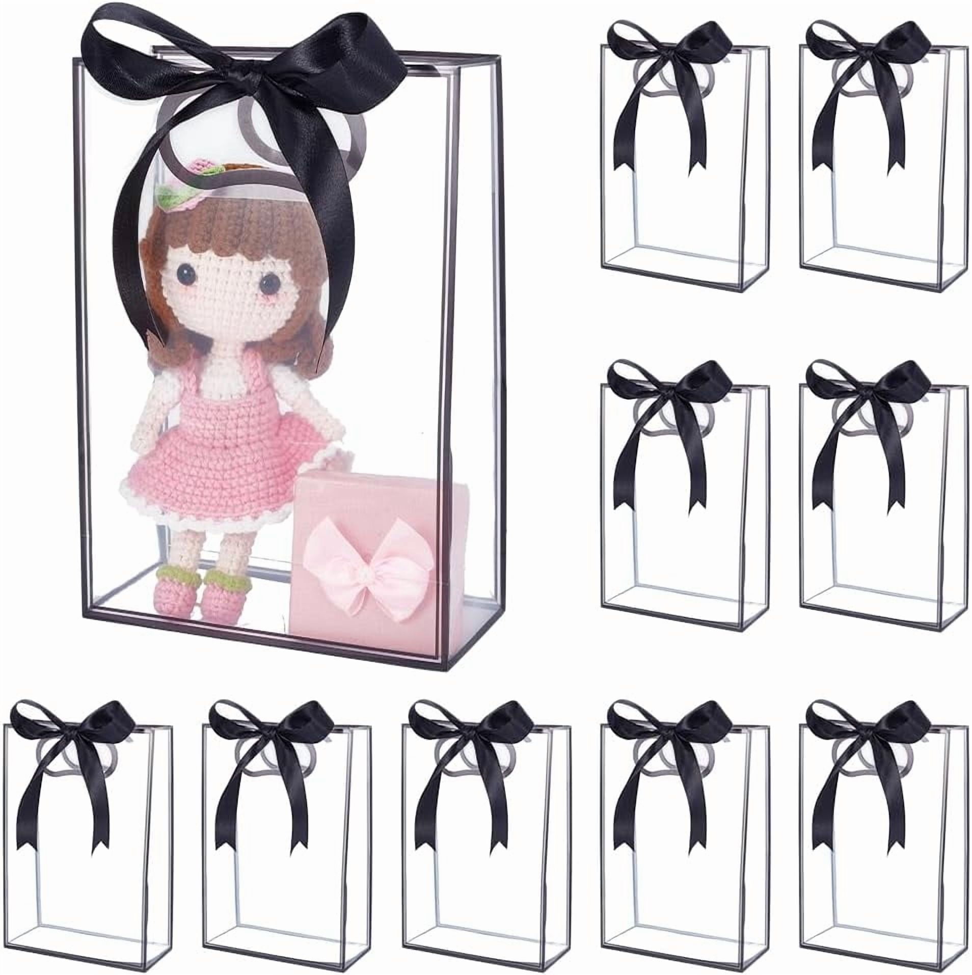 36 Pack Clear Plastic Gift Bags with Handles Reusable Transparent Bags Bulk with 75 Yards Ribbon for Wedding Bridesmaid Bridal Shower Birthday Graduation Business Party 7x10x3 inch (Black)