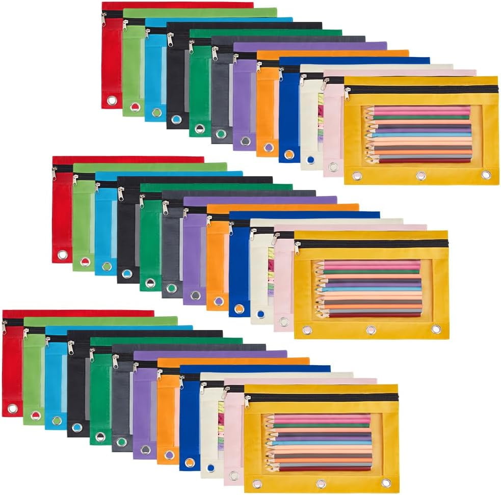 36 Pack Clear Window Pencil Case for Binder Smooth Zipper 3 Ring Binder Pencil Pouch Bulk Zipper Pen Pouch Oxford Fabric Pen Bag Multi-color