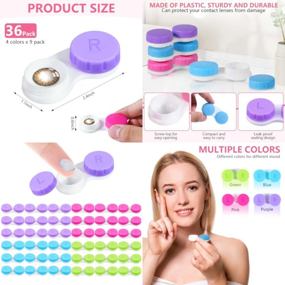 36 Pack Colorful Cute Contact Lens Case Bulk Box Holder Container Soak Storage Kit (4 Color)