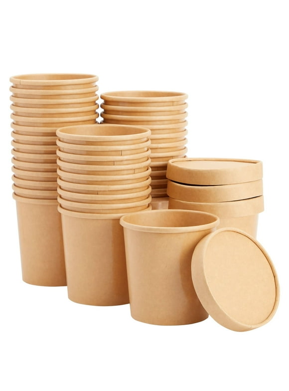 36 Pack Disposable Soup Containers with Lids, 16 oz To Go Containers for Ice Cream, Meal Prep, Hot and Cold Foods, Oatmeal, Kraft Paper (4x4 In)