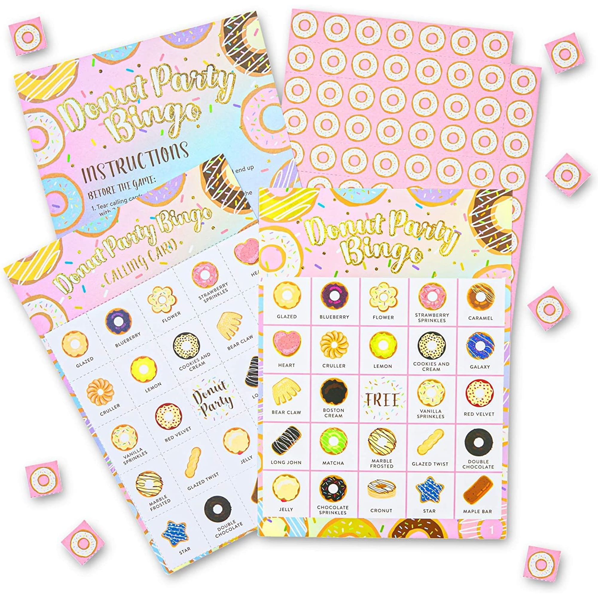 36 Pack Bingo Cards for Kids Birthday Party Game with Chips, Serves 36 Family Activities, Donut Grow Up Theme
