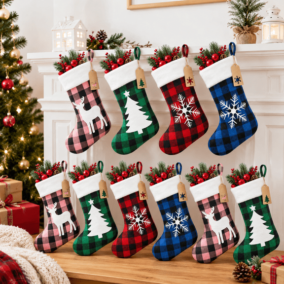 36 Pack Felt Christmas Stockings with Tags, 14 Inch Plaid Design for Holiday Decor