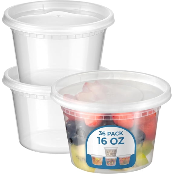 Fit Meal Prep 36 Pack 16 oz Deli Containers with Lids, US Made Leakproof Quart Containers with Lids, Clear Plastic Food Storage Container with Lid, Microwave Freezer Safe Meal Prep Container