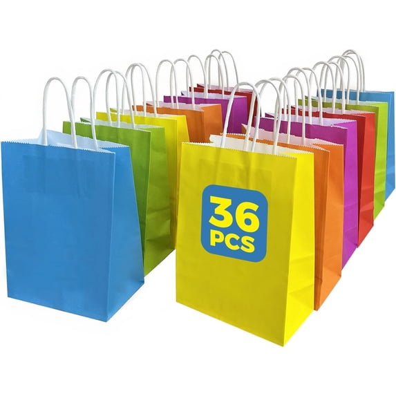 36 Pack Gift bags with handles,8.2"×3.1"×5.9" paper bags with handles bulk,For children's birthdays, baby showers, crafts, weddings, party supplies (6 colors)