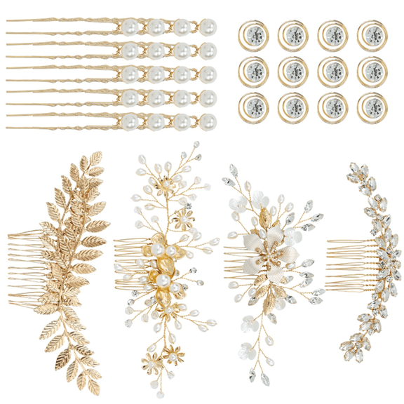 36 Pack Gold Flower Leaf Bridal Wedding Hair Side Combs U-shaped Pearl Hair Pins Spiral Rhinestone Hair Clips Barrettes