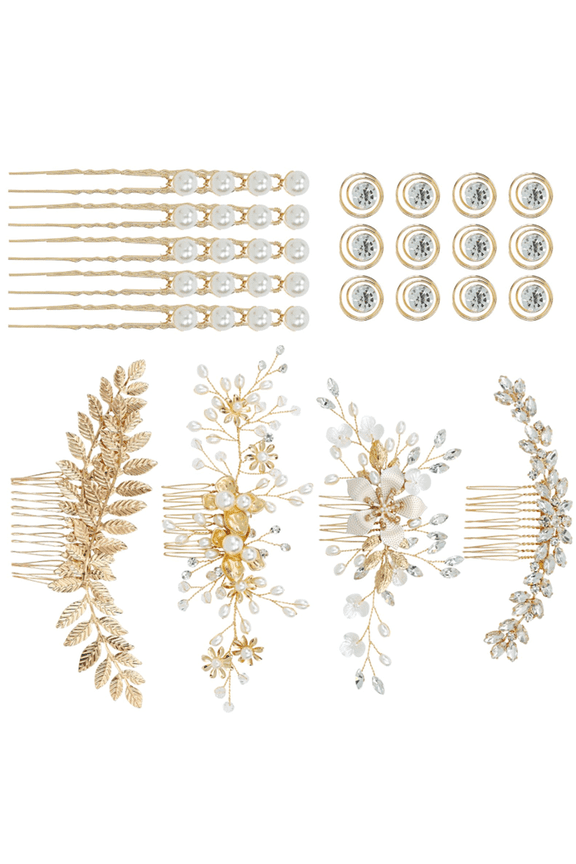 36 Pack Gold Flower Leaf Bridal Wedding Hair Side Combs U-shaped Pearl Hair Pins Spiral Rhinestone Hair Clips Barrettes