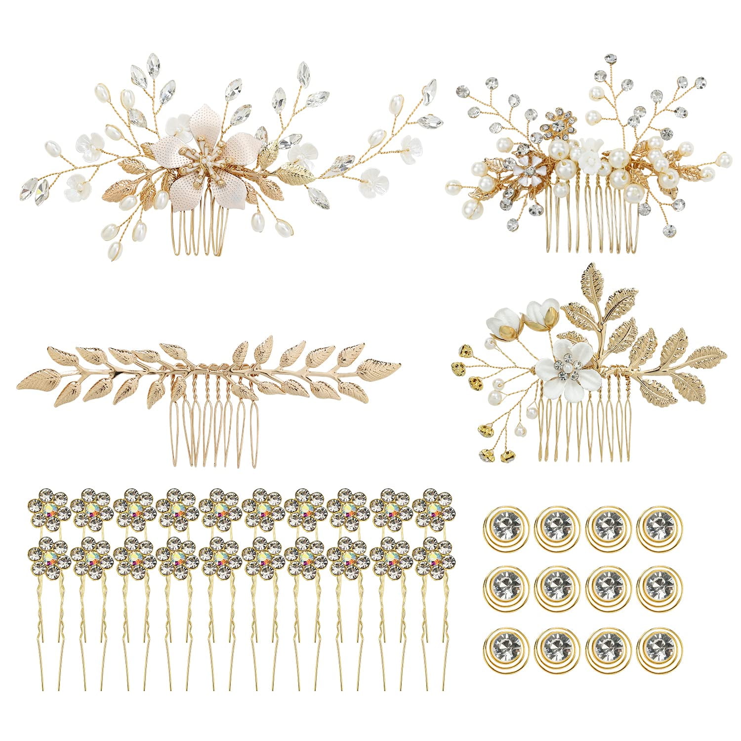 36Pc Gold Hair Side Combs U-Shaped Pearl Pins Spiral Rhinestone Hair Clips Amazon.com : inSowni 36 Pack Gold Flower Leaf Bridal Wedding  main image 2