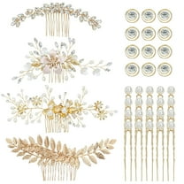 36 Pack Gold Flower Leaf Bridal Wedding Hair Side Combs U-shaped Pearl Hair Pins Spiral Twist Rhinestone Hair Clips Barrettes Prom Headpieces Accessories for Brides Bridesmaids Women Girls