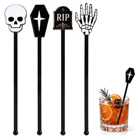 36 Pack Halloween Cocktail Stirrers, 18cm Skeleton Skull Drink Sticks with Coffin Cross RIP Tombstone Hand Designs, Food Grade Plastic PS Swizzle Sticks for Halloween Party Bar Cocktail Decorations