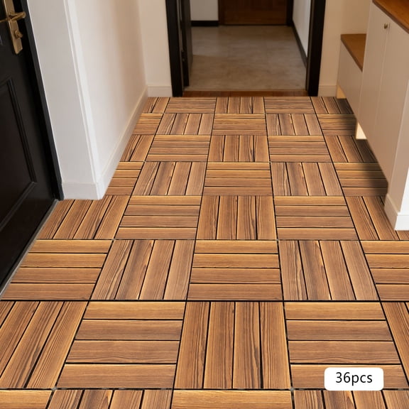 36 Pack Hardwood Interlocking Patio Deck Tiles, Larch Solid Wood Interlocking Flooring Tiles,12"  12" Interlocking Patio Tiles