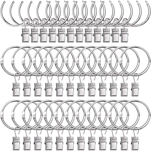 36 Pack Heavy Duty Nickel Plated Metal Curtain Rings with Clips Hooks Open Rings for Curtains and Robs,Easy to Open and Close()
