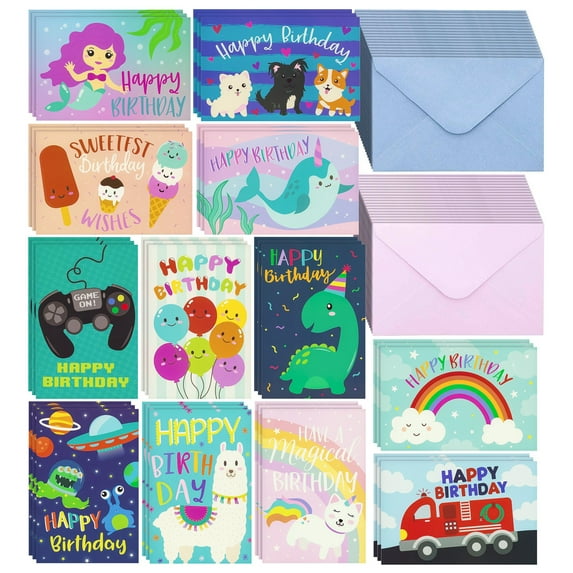 36 Pack Kids Birthday Cards Assortment with Colored Envelopes Bulk, Dinosaur, Mermaid, Narwhal, Caticorn Designs (4x6 In)