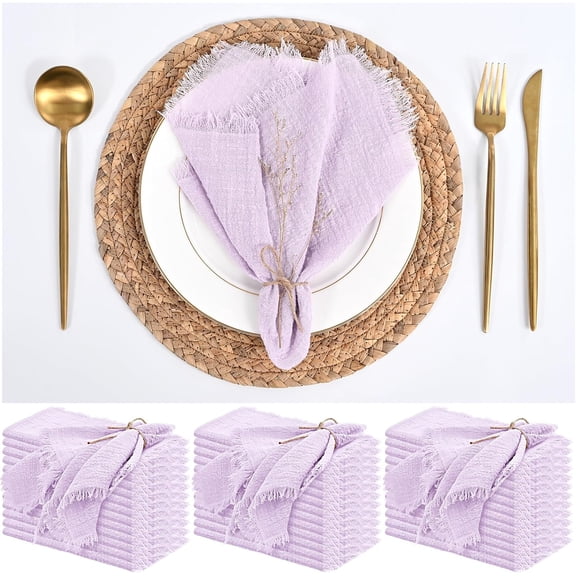 36 Pack Lavender Napkins Cotton Linen Napkin 16 x 16 Inch Light Purple Cloth Napkins Handmade with Fringe Soft Washable Rustic Dinner Napkin Cloth for Wedding Party Dinner Table