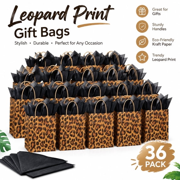 36 Pack Leopard Print Kraft Gift Bags with 36 Black Tissue Paper ...