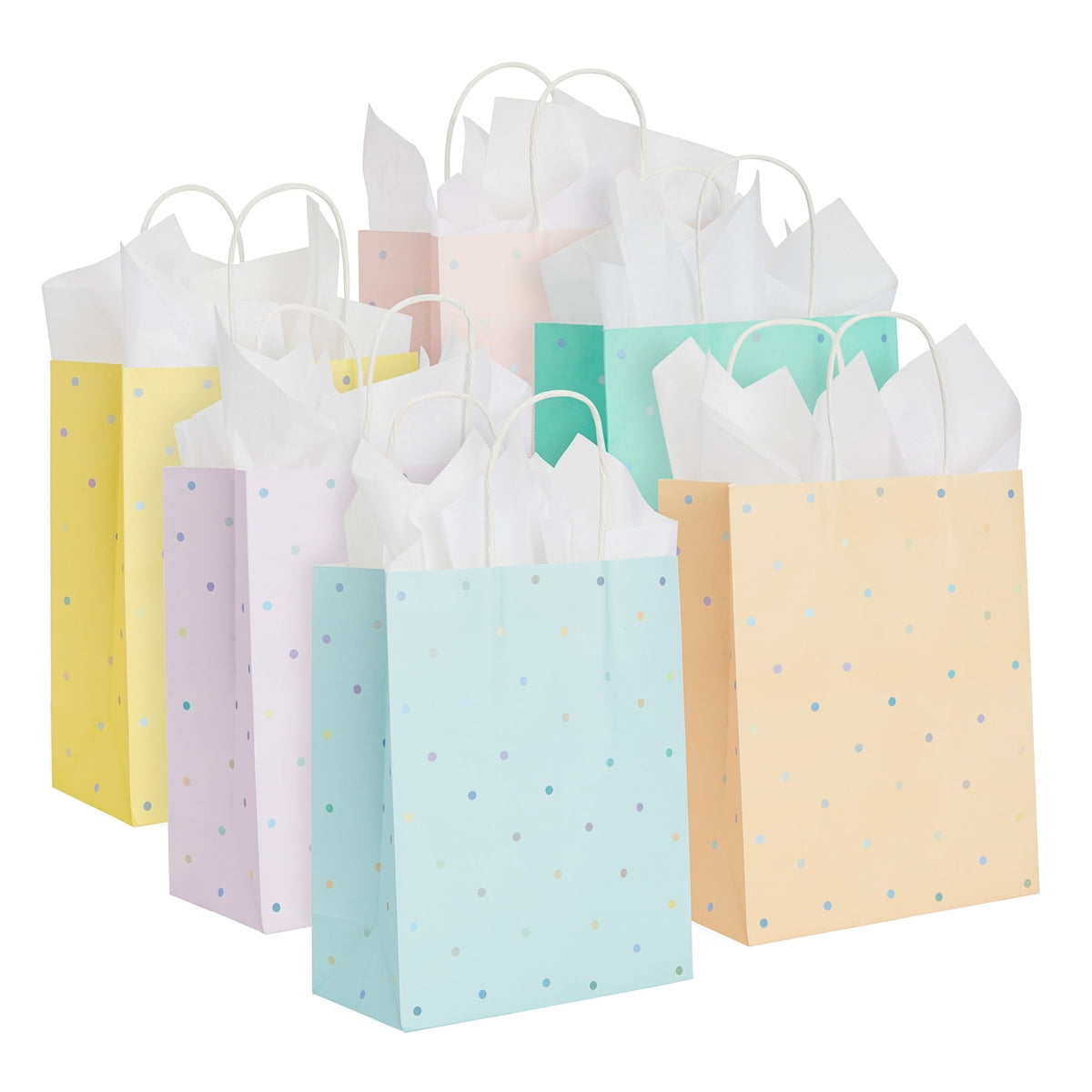 36 Pack Medium Polka Dot Paper Gift Bags with Handles and White Tissue