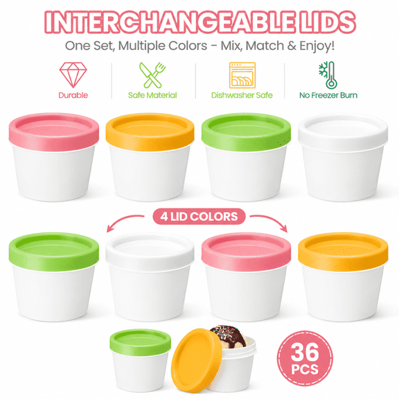 36 Pack Mini Ice Cream Containers with Lids, 3oz Round Plastic Tubs, Colorful Dessert Bowls for Homemade Ice Cream, Home & Commercial Use