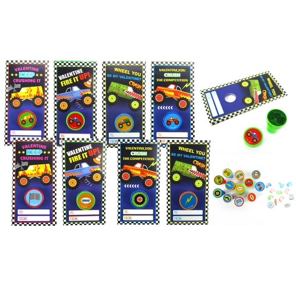 36 Pack Monster Truck Cards with Stampers for Valentine's Day, Classroom Exchange, Birthday Party Favors