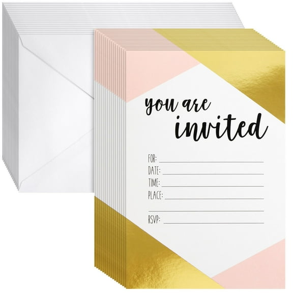 36 Pack Pink and Gold Party Invitations for Girls with Envelopes for Birthday, Baby & Bridal Shower, Fill in Style (4x6 in)