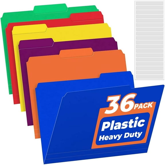 36 Pack Plastic File Folders Colored with Sticky Labels, Heavy Duty Letter Size Erasable 1/3-Cut Tab, Stronger Than Manila Folder, Perfect for Organization