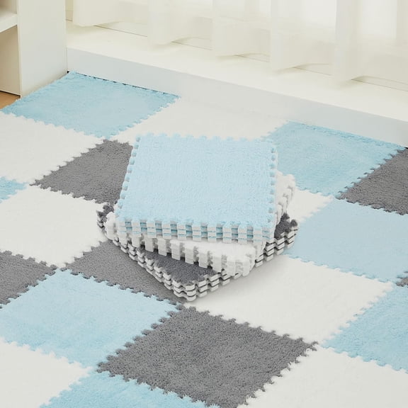 36 Pack Plush Foam Floor Mat Square Interlocking Carpet Tiles with Border Fluffy Play Mat Floor Tiles Soft Climbing Rugs for Bedroom Playroom, 12 x 12 x 0.4 in(White, Gray, Light Blue)