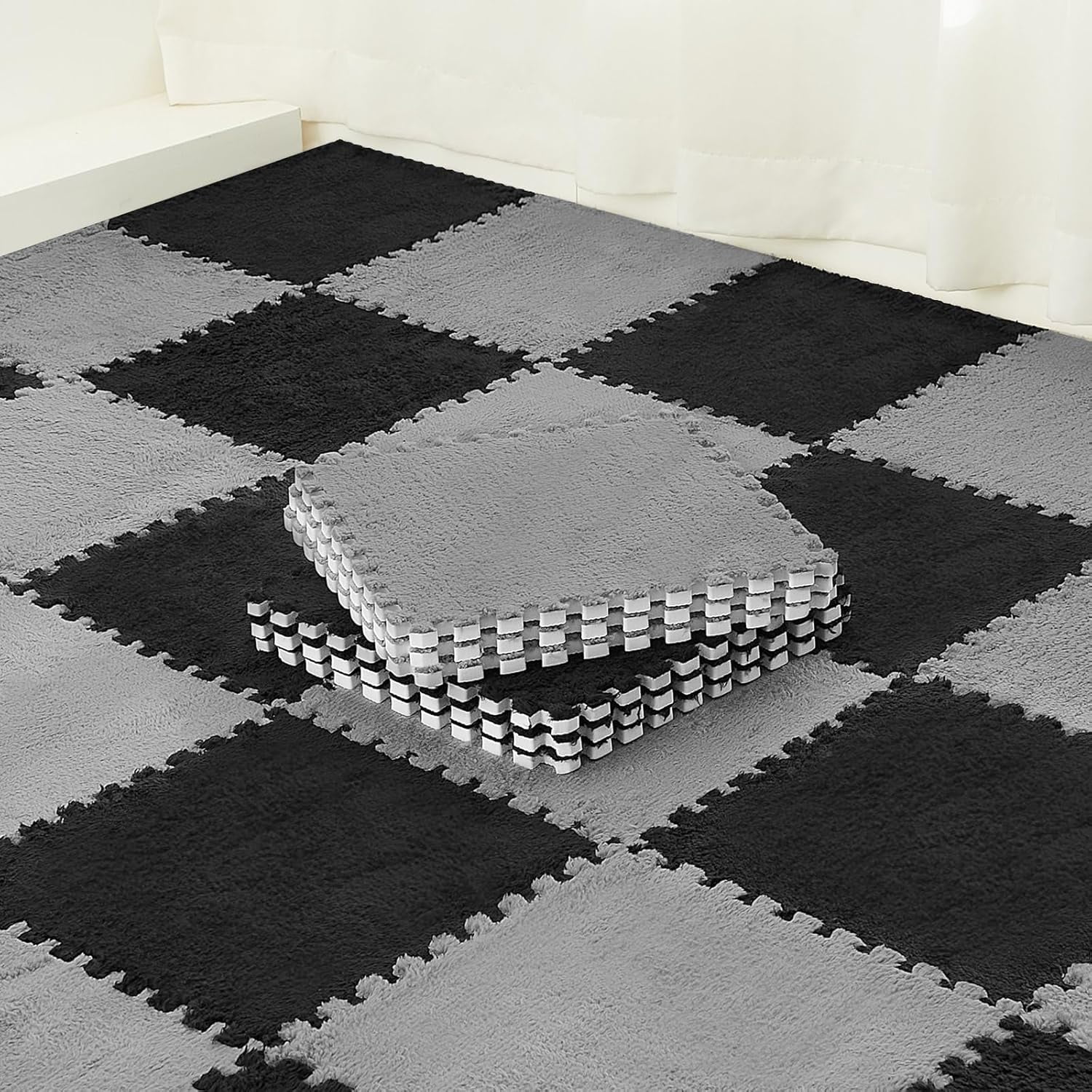 36 Pack Plush Foam Floor Mat Square Interlocking Carpet Tiles with Border Fluffy Play Mat Floor Tiles Soft Climbing Rugs for Bedroom Playroom, 12 x 12 x 0.4 in(Black, Gray)