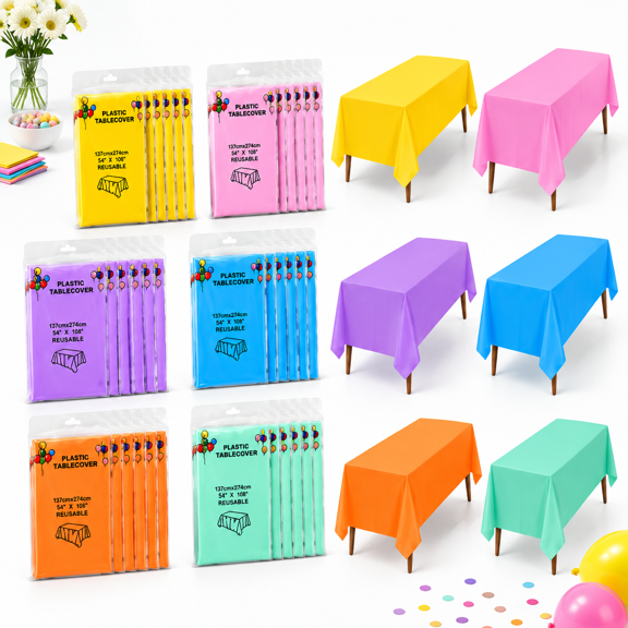 36 Pack Rectangle Disposable Plastic Tablecloths, 54 x 108 In, Pastel Multicolor