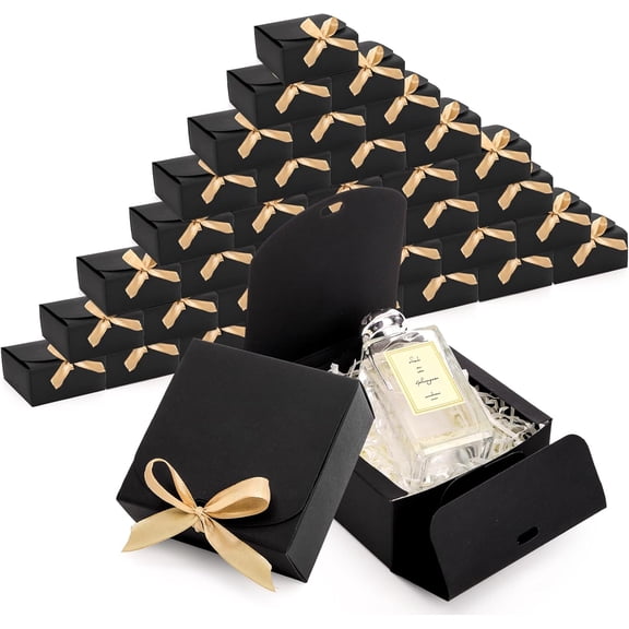 36 Pack Small Black Gift Boxes with Lids, 4.5" x4.5"x2" Square Cardboard Champagne Wrap Ribbons, Proposal Box for Presents Birthday Wedding Party Chocolate Candy