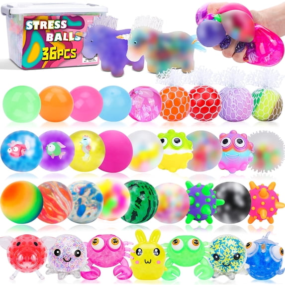 36 Pack Stress Balls, Squishy Balls, Squishy Fidget Stress Relief, Squeeze Ball for Adults Stress Relieve, Prize Box for Friends, Party Favors 103