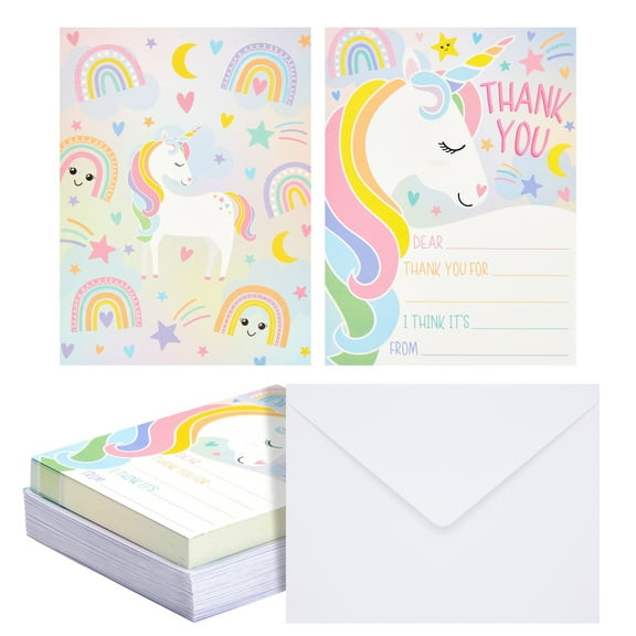 Kids Thank You Cards Unicorn Fill-In-the-Blank - 5.5 x 4.25 in Pink & Violet Cardstock, 36-Pack & Envelopes - Unicorn Birthday Thank You Cards with Prompts