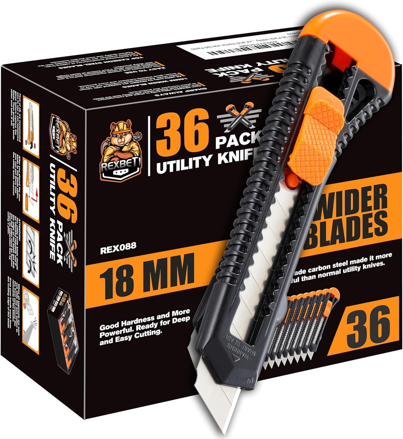 36 Pack Utility Knife, Retractable Box Cutter for Cartons, Cardboard and Boxes, 18mm Wider Razor Sharp Blade, Smooth Mechanism, Perfect for Office and Home use (36 Pack)