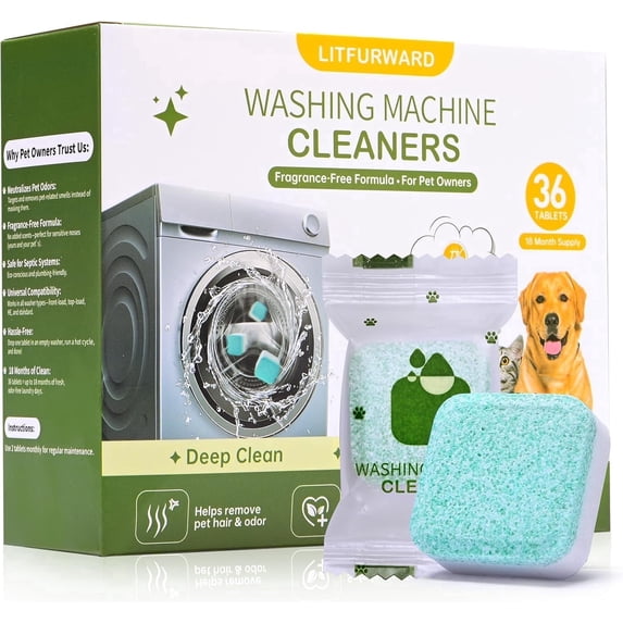 36 Pack Washer Machine Cleaner Tablets Supply, Front & Top Load Washer Deep Cleaning, Septic Tank Safe, HE Support, Remove Stubborn Pet Hair, Eliminates Smells, Prevents Dander Build-up