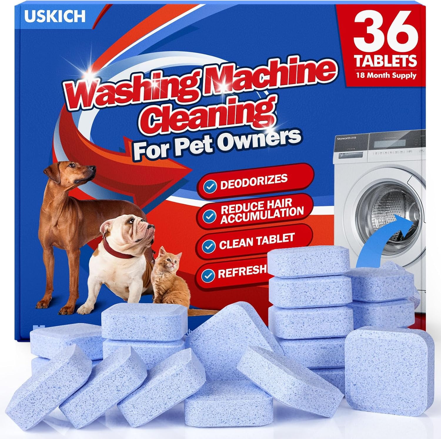 36 Pack Washing Machine Cleaner Tablets For Pet Owners,Washer Machine Cleaner Remove Stubborn Pet Hair, Eliminates Smells,Compatible with HE, Top & Front Load Washer