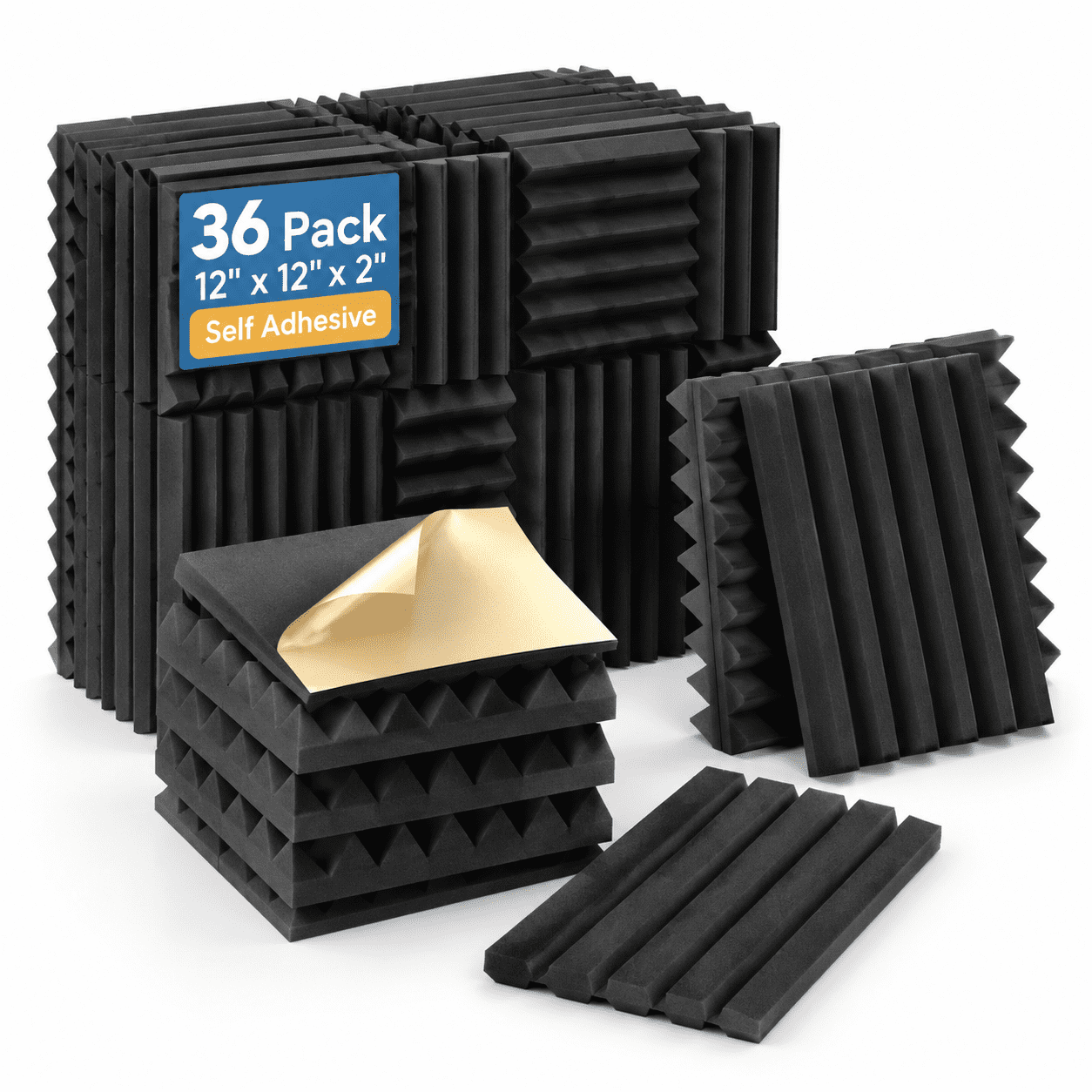 36 Pack Wedge Self-Adhesive Acoustic Foam Panels, 12 x 12 x 2 Inches ...