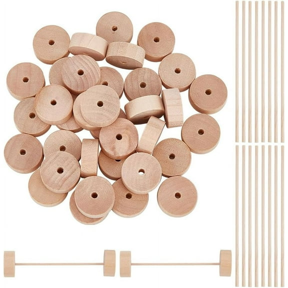 36 Pack Wood Craft Wheels with 18Pcs Wood Sticks Slab Mini Wooden Wheels with 0.16 inch Holes Unfinished Flat Craft Wheels