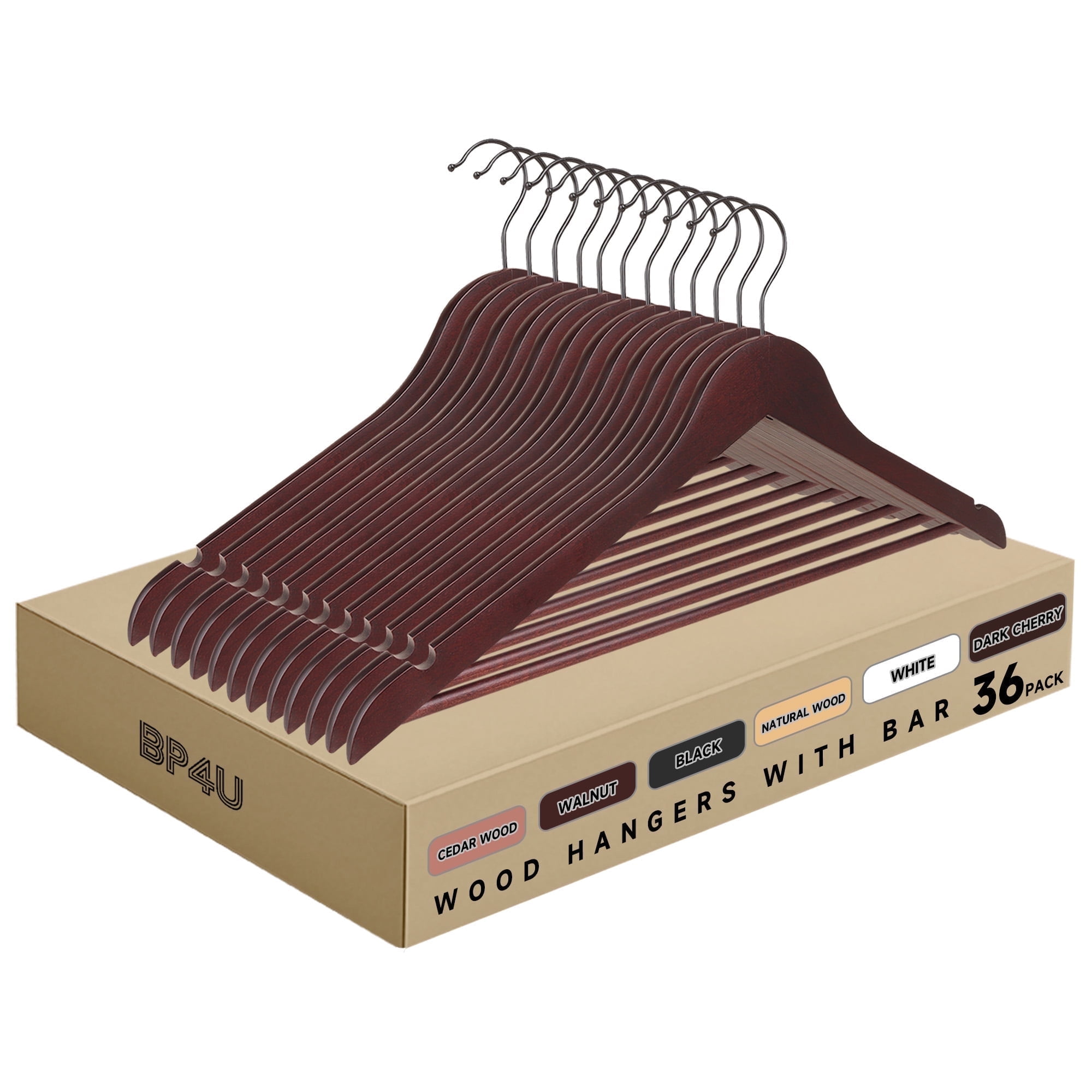 BP4U 36-Pack Premium Wooden Clothes Hangers with Clips, Solid Wood Skirt/Pant Hangers with Adjustable Clips for Suits, Dresses, Coats, Jackets, Trousers(Dark Cherry)