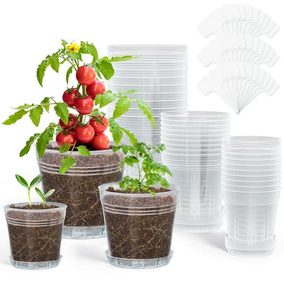 FOUKUS 30 Pack Clear Nursery Pots: Durable 5/4/3 Inch Seedling Pots with Drainage Holes and Matching Trays, Transparent Plastic Plant Pot for Seed Starting, Transplanting