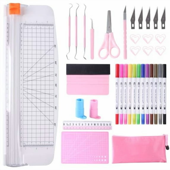 Cricut 36 piece essential tool set with 12 in paper cutter, vinyl weeding tools, and dual tip pens